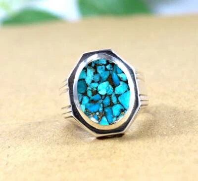 Solid 925 Sterling Silver Natural Blue Turquoise Gemstone Designer Men's Ring - Image 1 of 4