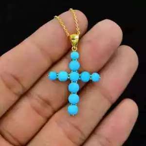 2Ct Round Cut Lab Created Turquoise Cross Pendant 14K Yellow Gold Plated Silver - Picture 1 of 3
