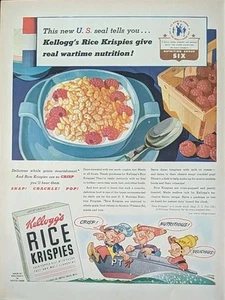 Anuncio impreso Kellogg's Rice Krispies 1943 vintage, era de la Segunda Guerra Mundial. - Imagen 1 de 1