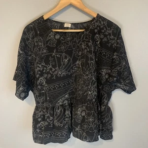 Aritzia Wilfred Macee Peplum Top Womens Large Black Floral Print Blouse Fairy - Picture 1 of 13