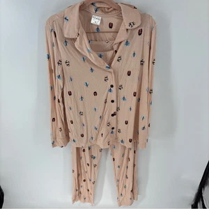 Soma Melocotón Ropa de Dormir Camisa Abotonada Pantalón Conjunto con Escarabajo Diseño de Insectos Mujer M - Imagen 1 de 11