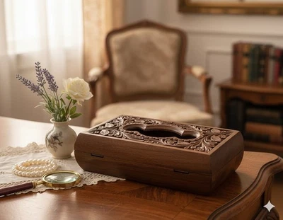 Hermoso soporte de caja de pañuelos de madera de nogal hecho a mano de Pakistán Foto 1 de 4