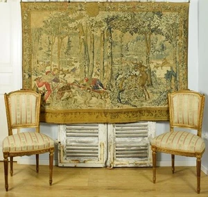 Stunning Large Vintage French Printed Linen Wall Hanging, Tapestry Hunting Scene - Picture 1 of 24