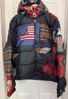 Ralph Lauren Polo Country Jacket Men XXL USA Hooded Puffer Coat Patchwork Flag - Image 1 of 4