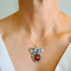 Collana in argento drago ambra baltica in argento sterling 925 - Foto 1 di 10