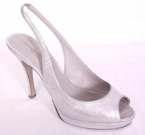 DONNA KARAN Ladies Silver Shoes Peep Toe Heels Slingbacks SZ 37 US SZ 6 1/2 - Picture 1 of 6