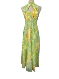Vtg 60s psychedelic Swirl Maxi Dress Halter Key Hole Front Yellow Green Sz S Mod - Picture 1 of 10