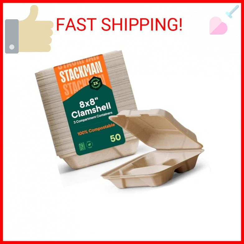 Food Container Compostable Clamshell Take out to Go Containers 50 Pack Stack Man