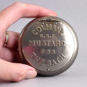 COLMANS MUSTARD For THE BATH Squeeze Release SNUFF/TOBACCO TIN Nickel on Brass - Picture 1 of 5
