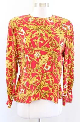 Vtg 90s Red Gold Silk Scarf Print Button Back Top Blouse Size 10P Anchor Unique - Image 1 of 4