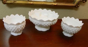 Fenton White Hobnail Glass  3 Pc Candle Holders & Centerpiece Candle Bowl #2 - Picture 1 of 7