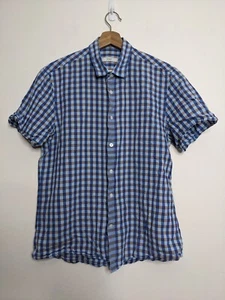 SABA Button Up Shirt Mens Medium Blue Brown Checked Short Sleeve Business Casual - Picture 1 of 10