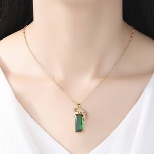 ￼Green Emerald Crystal Pendant Necklace 14k Gold Plated Zirconia Cubic Stones