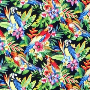 Oasis TROPICAL PARROTS Floral Hibiscus Palm Leaf Fabric - Black - Picture 1 of 3