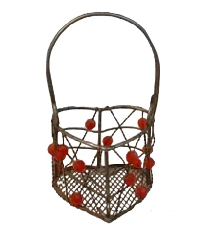 Vintage Heart Trinket Basket Shape as a Heart Basket Is Wire w/Red Beads Cover
