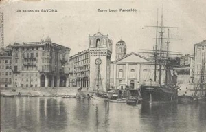 CARTOLINA VIAGGIATA (1905)_UN SALUTO DA SAVONA / TORRE LEON PANCALDO_NAVI A VELA - Imagen 1 de 1
