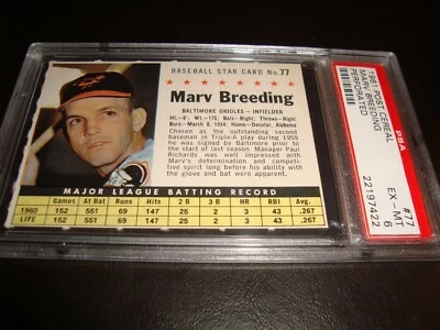 1961 Post Cereal #77 MARV BREEDING  psa 6  PERF Baltimore ORIOLES (422) - Image 1 of 4