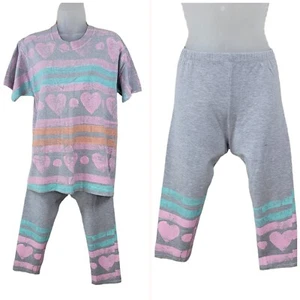 Vintage 90s T-Shirt Pants Set Girls size Large Outfit Painted All Over Print - Picture 1 of 8