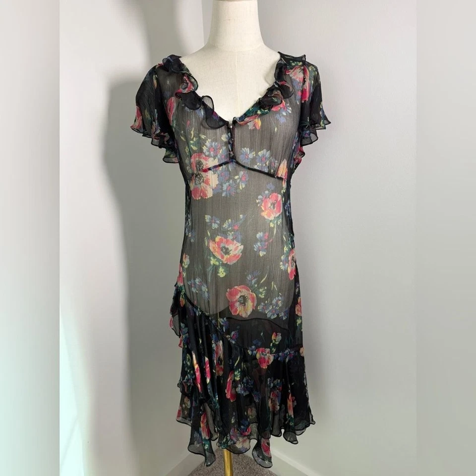 VINTAGE Y2K RALPH LAUREN Rugby 100% silk floral drop waist sheer DRESS 6 - Image 1 of 4