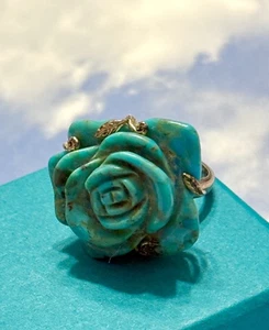 Anello Sally C SX intagliato ROSA TURCHESE fiore argento sterling 925 floreale misura 5 - Foto 1 di 4