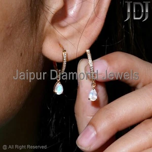 Solid 14k Yellow Gold Jewelry Natural Diamond Moonstone Gemstone Huggie Earring - Picture 1 of 6