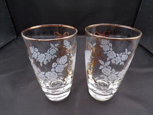 2 Vintage Libbey seltene geätzte Rosen Goldrand & Schleifen Getränkegläser 5-1/4" D25 - Bild 1 von 8