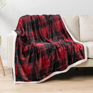 PAVILIA Red Plaid Sherpa Throw Blanket for Couch, Plush Flannel Fleece Blanket a - Picture 1 of 8