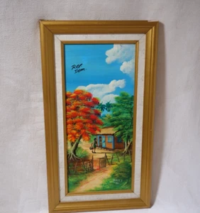 Vintage Dominican Folk Art Oil Painting On Canvas Signed Framed 12 3/4”x 22 3/4” - Picture 1 of 5