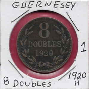 GUERNSEY 8 DOUBLES 1920-H KING GEORGE V,(1910-1936)GEORGE VI,(1936-1952),COAT OF - Picture 1 of 2