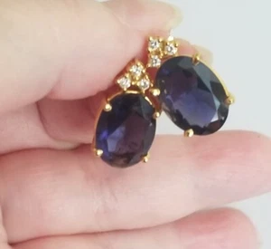 Natural 10x14 mm Iolite & Diamond Oval Earrings 14k Solid Yellow Gold - Picture 1 of 6