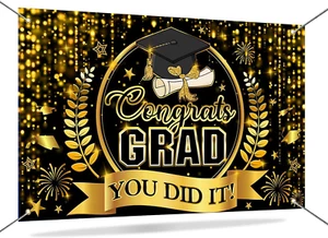Congrats Grad 2025 Banner – Black Gold Graduation Backdrop Photo Decor 70x43 - Picture 1 of 10