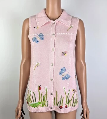 NWT Quacker Factory Lite Pink Floral/Bee/Butterfly Women's Sweater Vest size XS - Image 1 of 3