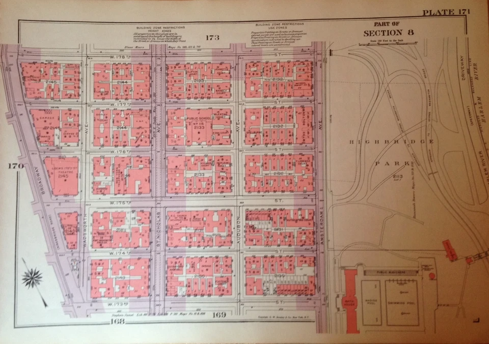 1955 INWOOD GEORGE WASHINGTON BRIDGE MANHATTAN NYC G.W. BROMLEY ATLAS MAP 12X17 - Image 1 of 2