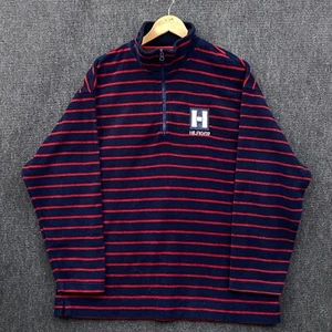 Tommy Hilfiger Mens 2XL 1/4 Zip Pullover Fleece Navy Red Striped Mock Neck Y2K - Picture 1 of 11
