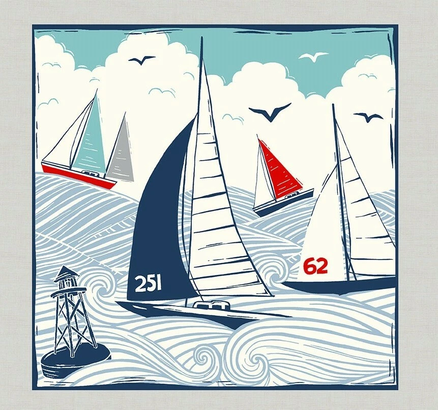 MAKOWER Fabric Picture Panel Sailing Boats Nautical Cushion Size 27x27cm Quilting Craft