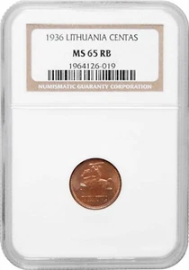 Lithuania 1 centas 1936, NGC MS65 RB, "First Republic (1925 - 1938)" - Picture 1 of 4
