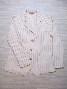 Sahara Jacket Womens Medium Cream Grey Stripes Button Up Blazer Pure Linen - Picture 1 of 14