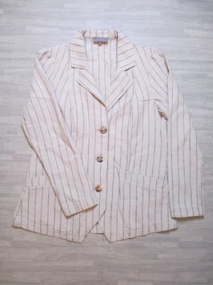 Sahara Jacket Womens Medium Cream Grey Stripes Button Up Blazer Pure Linen - Image 1 of 4