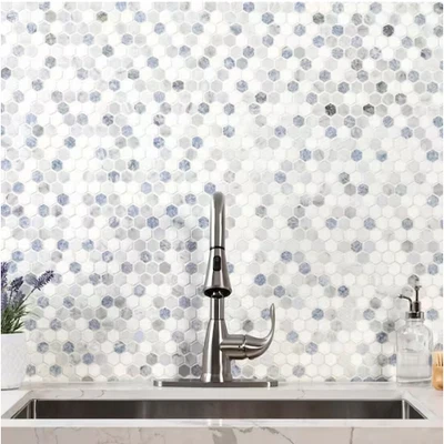 Mosaico montado en malla de mármol pulido Azula 1 pulgada hexagonal 12 pulgadas x 12 pulgadas 0,96 pies cuadrados Foto 1 de 4