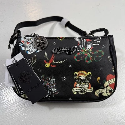 Ed Hardy Love Kills Slowly Skull Heart Shoulder Bag Black Tattoo Pouchette NWT - Image 1 of 4