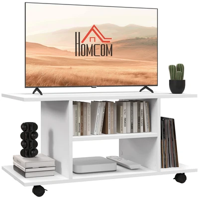 Modern White 3-Tier TV Stand Shelving Unit with Rolling Wheels & Brakes - Image 1 of 4
