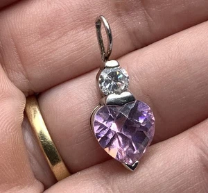 Vintage 925 Sterling Silber klar CZ & rosa Quarz Stein kleiner Tropfen Anhänger - Bild 1 von 7