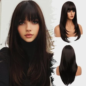 Brown Wig With Bangs Long Wavy Straight Wig with Layered Hair Synthetic Heat ... - Picture 1 of 7