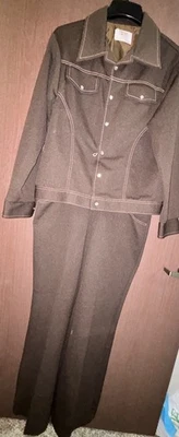 Vintage Farah Time Out West Poly Leisure Pants Suit Set Brown Pearl Snap Size L - Image 1 of 4