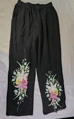 ​Vintage Ana R. by Ana Rosa Black Cotton Wide Leg Pants Floral Appliqué Mexico S - Image 1 of 4