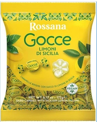Rossana Gocce 🍋 Limoni Di Sicilia 🍋 Caramelo vegano relleno de sabor 175 g (6,17 oz) Foto 1 de 4