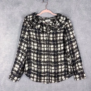 J. Crew Collection Silk Twill Ruffle Collar Button Up Top Sz M White Black Plaid - Picture 1 of 7
