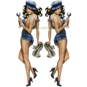 BRUNETTE MECHANIC MISS USA Pin-Up GIRL STICKER/DECAL SET - Picture 1 of 1