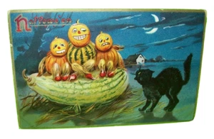 Fantasy Halloween Postcard Tuck Anthropomorphic Goblins Black Cat Pumpkin People - Picture 1 of 4