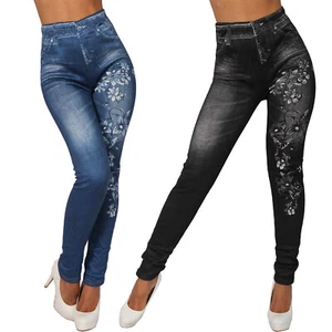 Leggings Hose Thermo High Waist Blumen Blätter Jeans Look Jeggings Teddy Fell - Bild 1 von 18